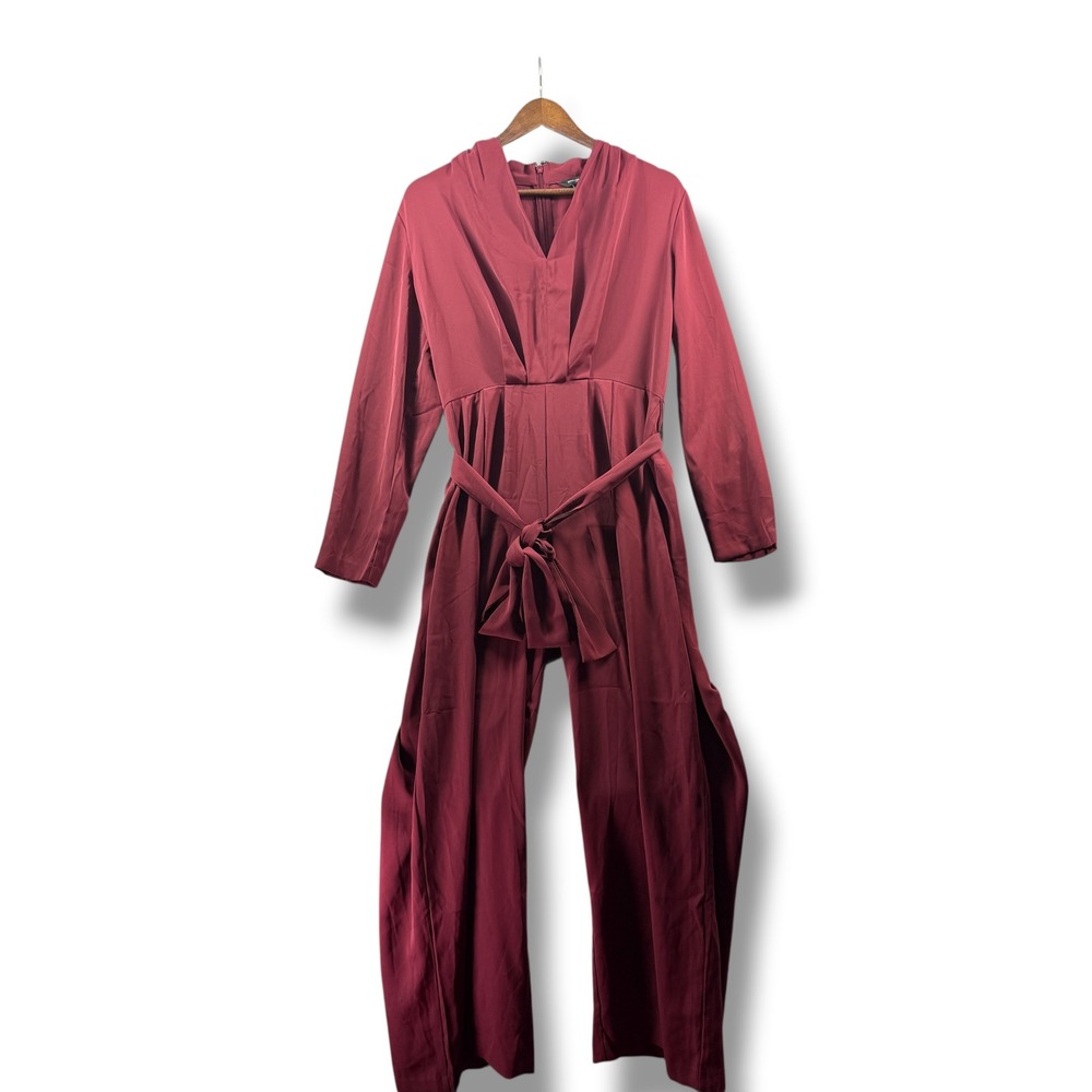 Banana Republic Burgundy V-Neck Long Sleeve Belted Wide Leg Jumpsuit Womens M